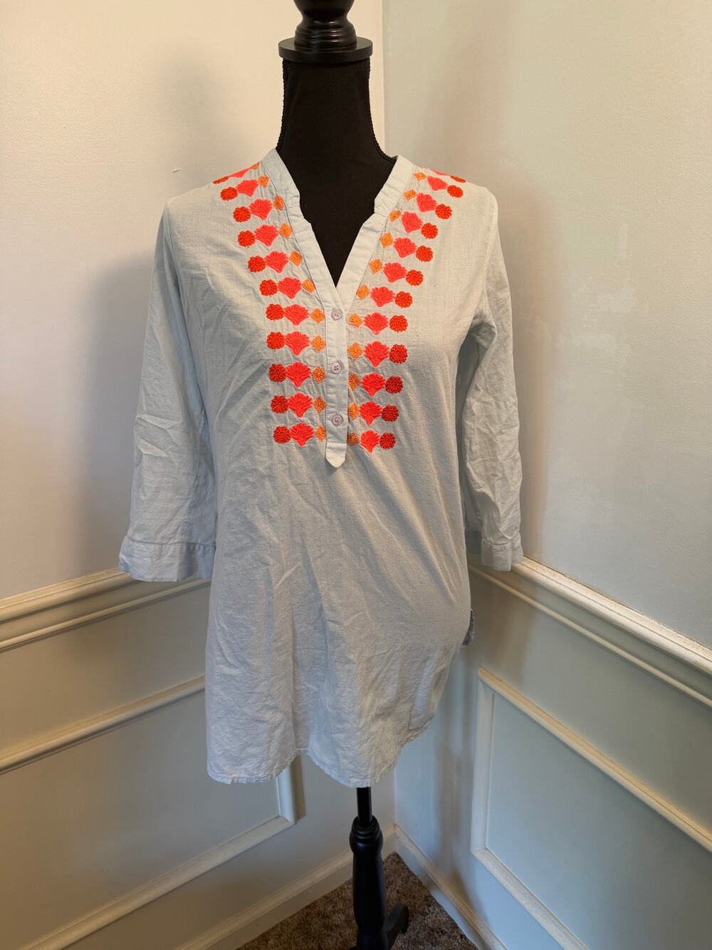 Basta Surf Mykonos Tunic 100% Cotton Embroidered V-Neck Blouse Resort Cover-Up